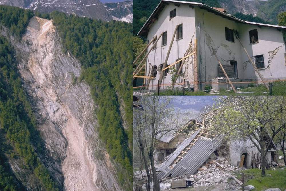 Na nekaterih stavbah so nastale globoke razpoke, nastali so tudi številni skalnati podori, foto: Arso