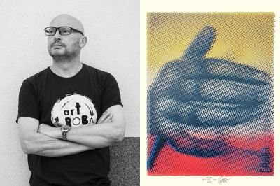 Romeo Štrakl in umetniško delo z naslovom Roka, foto: Maja Mekina