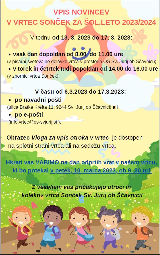 Vpis novincev v vrtec Sonček Sv. Jurij ob Ščavnici