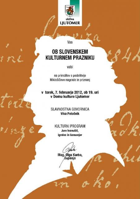 Dom kulture LJUTOMER: Prireditev ob slovenskem kulturnem prazniku 