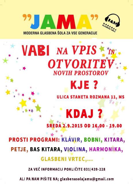 MODERNA GLASBENA ŠOLA JAMA VABI NA OTVORITEV NOVIH PROSTOROV IN VPIS