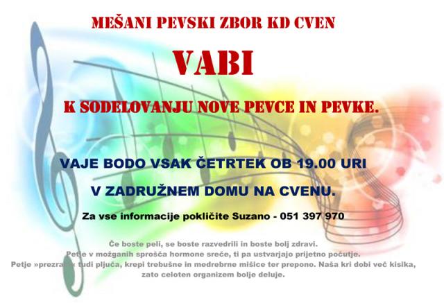MePZ KD Cven vabi k sodelovanju nove pevce in pevke MePZ KD Cven vabi k sodelovanju nove pevce in pevke