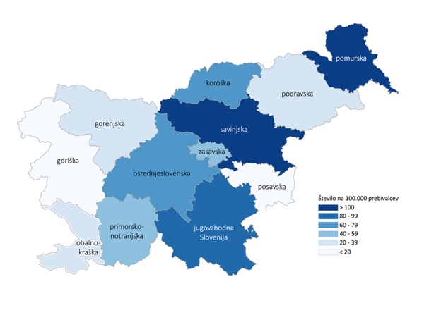 Število potrjenih primerov COVID-19 na 100.000 prebivalcev po statističnih regijah bivanja