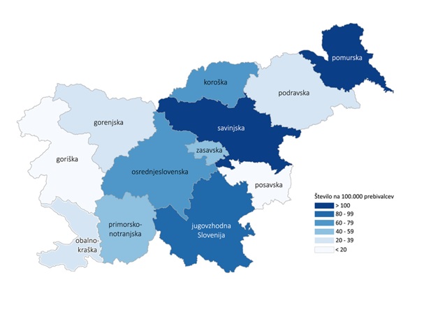 Število potrjenih primerov COVID-19 na 100.000 prebivalcev po statističnih regijah bivanja