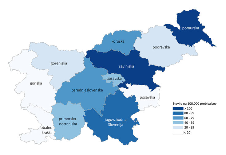 Število potrjenih primerov COVID-19 na 100.000 prebivalcev po statističnih regijah bivanja