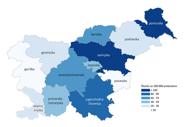 Število potrjenih primerov COVID-19 na 100.000 prebivalcev po statističnih regijah bivanja