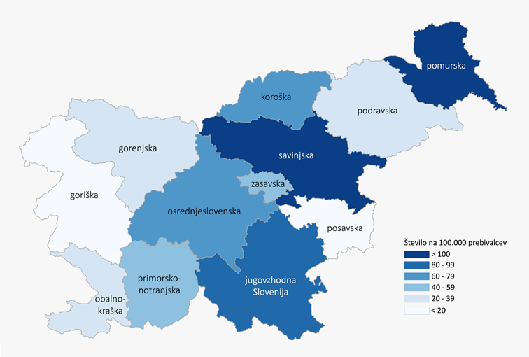 Število potrjenih primerov COVID-19 na 100.000 prebivalcev po statističnih regijah bivanja