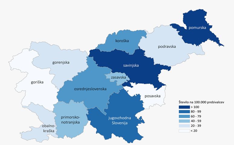 Število potrjenih primerov COVID-19 na 100.000 prebivalcev po statističnih regijah bivanja