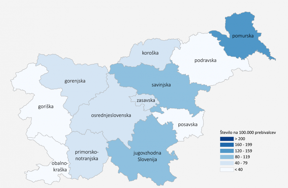 Število potrjenih primerov COVID-19 na 100.000 prebivalcev po statističnih regijah bivanja