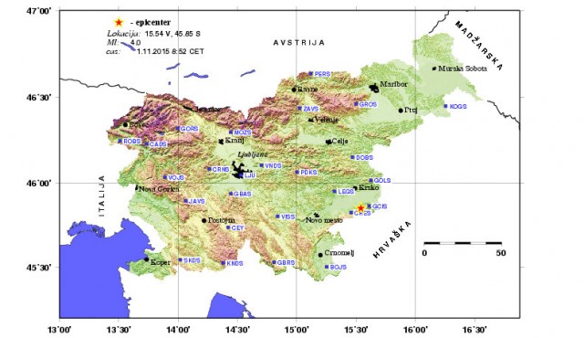 Epicenter potresa z magnitudo 4,2 je bil 7 km jugozahodno od Brežic, foto: ARSO Epicenter potresa z magnitudo 4,2 je bil 7 km jugozahodno od Brežic, foto: ARSO